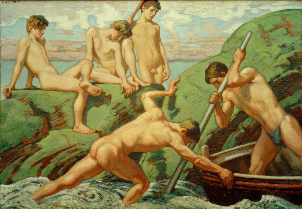 Yeşil sahilde çıplak kayıkçılar (balıkçılar) ve çocuklar by Ludwig von Hofmann