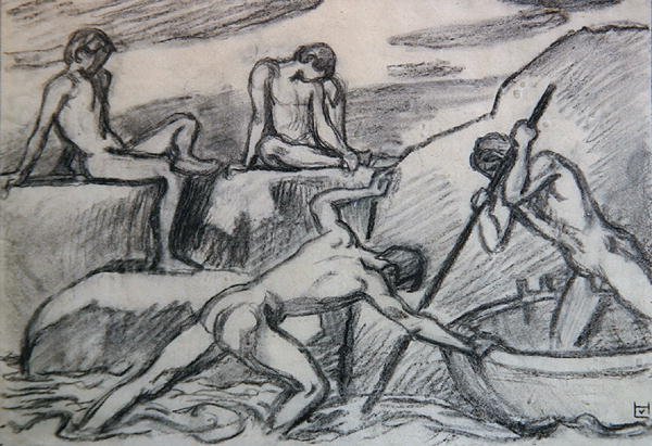 Yeşil bir sahilde çıplak kayıkçı ve gençler (kağıt üzerinde grafit) by Ludwig von Hofmann