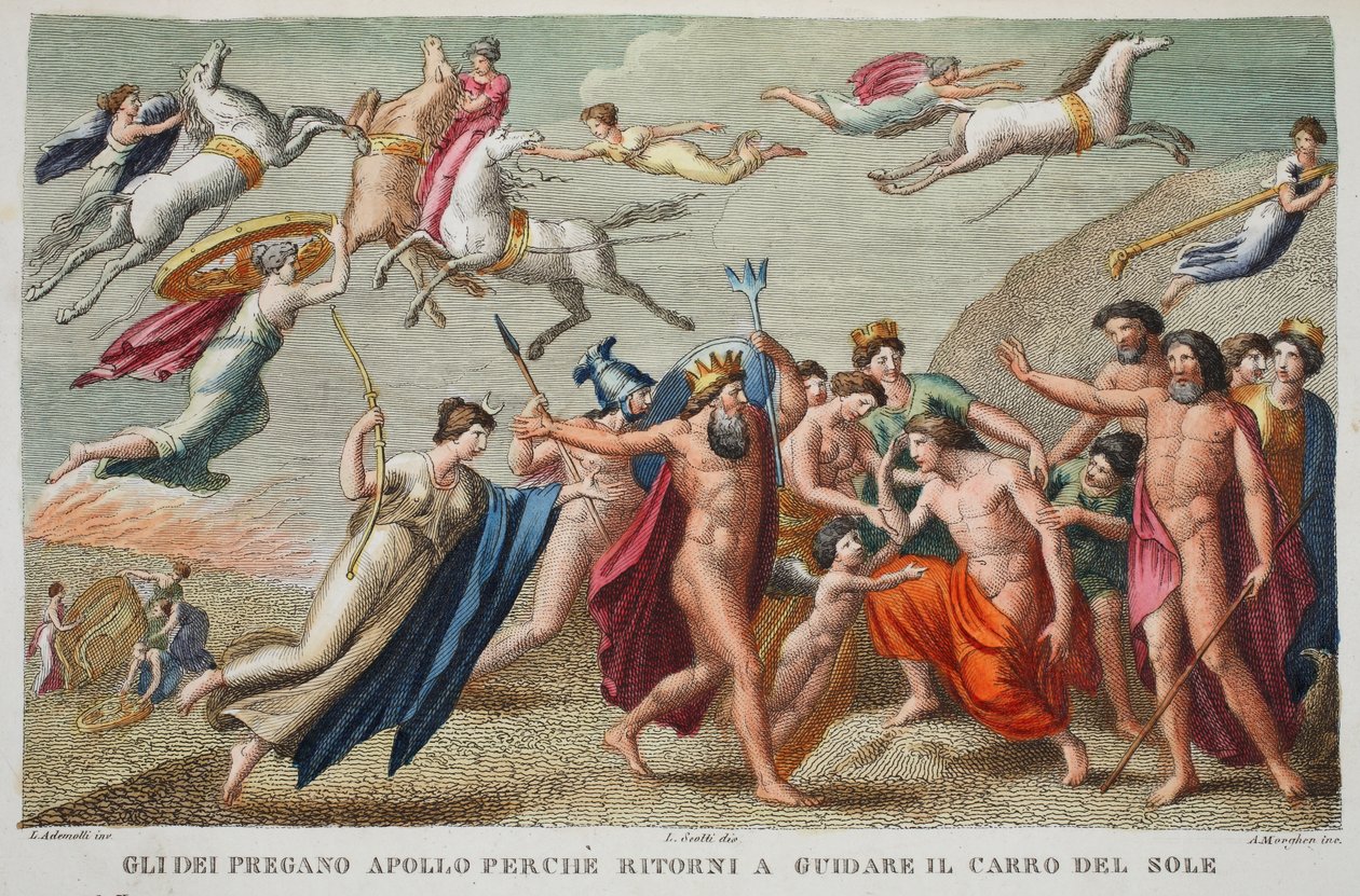 Hüzünlü Apollo araba kullanmayı reddediyor veya Tanrılar Apollo'nun Güneşin Arabasını Sürmek için Geri Dönmesi İçin Dua Ediyor, Ovid'in Metamorfozlarından bir örnek, Floransa, 1832 (el renkli gravür) by Luigi Ademollo