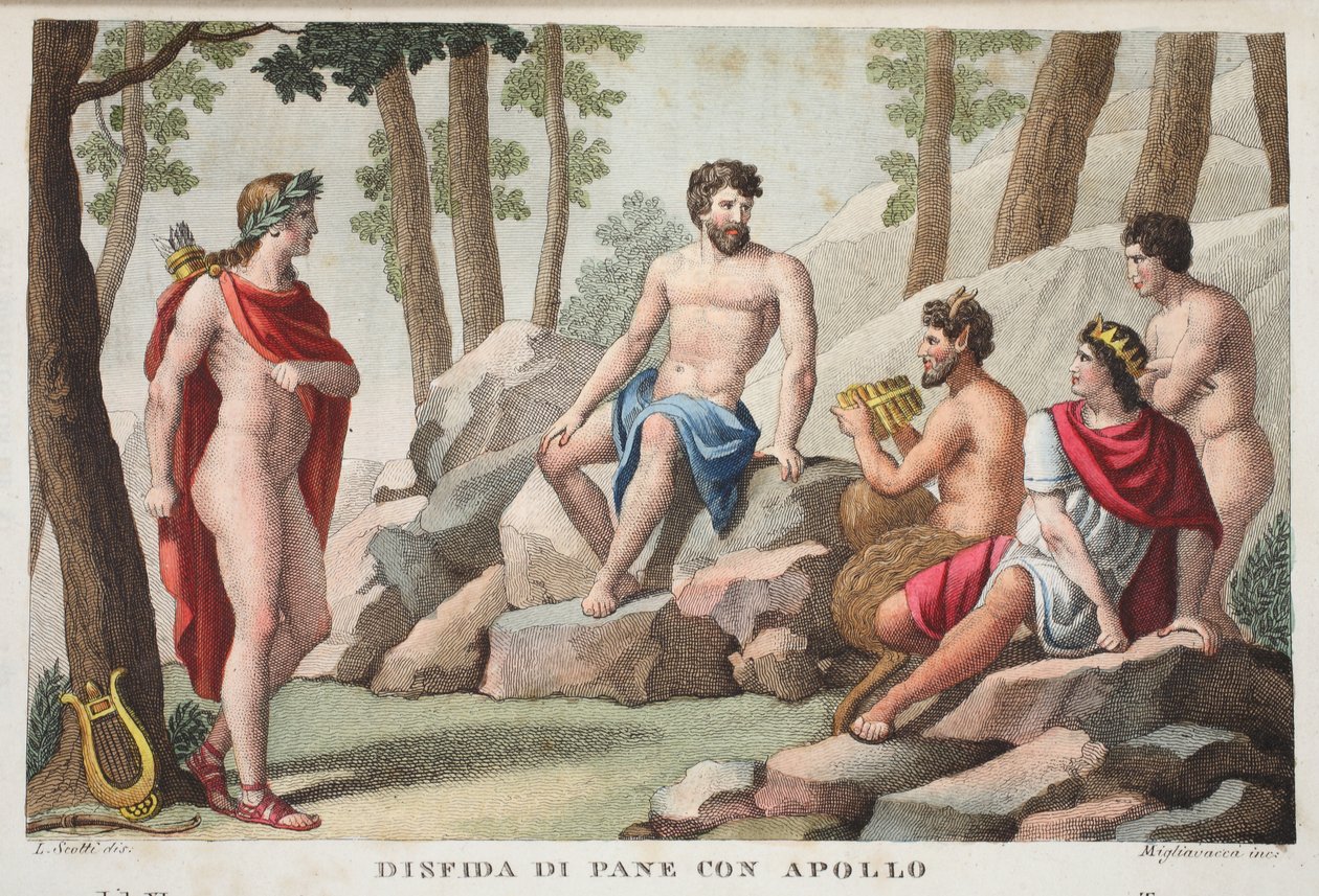 ಪ್ಯಾನ್ ಮತ್ತು ಅಪೊಲೊ ಅಥವಾ ಡಿನ್ಫಿಡಾ ಡಿ ಪೇನ್ ಕಾನ್ ಅಪೊಲೊ, ಬುಕ್ XI, ಓವಿಡ್ಸ್ ಮೆಟಾಮಾರ್ಫೋಸಸ್, ಫ್ಲಾರೆನ್ಸ್, 1832 (ಕೈ-ಬಣ್ಣದ ಕೆತ್ತನೆ) ಟರ್ಕ್‌ನಿಂದ ವಿವರಣೆ by Luigi Ademollo