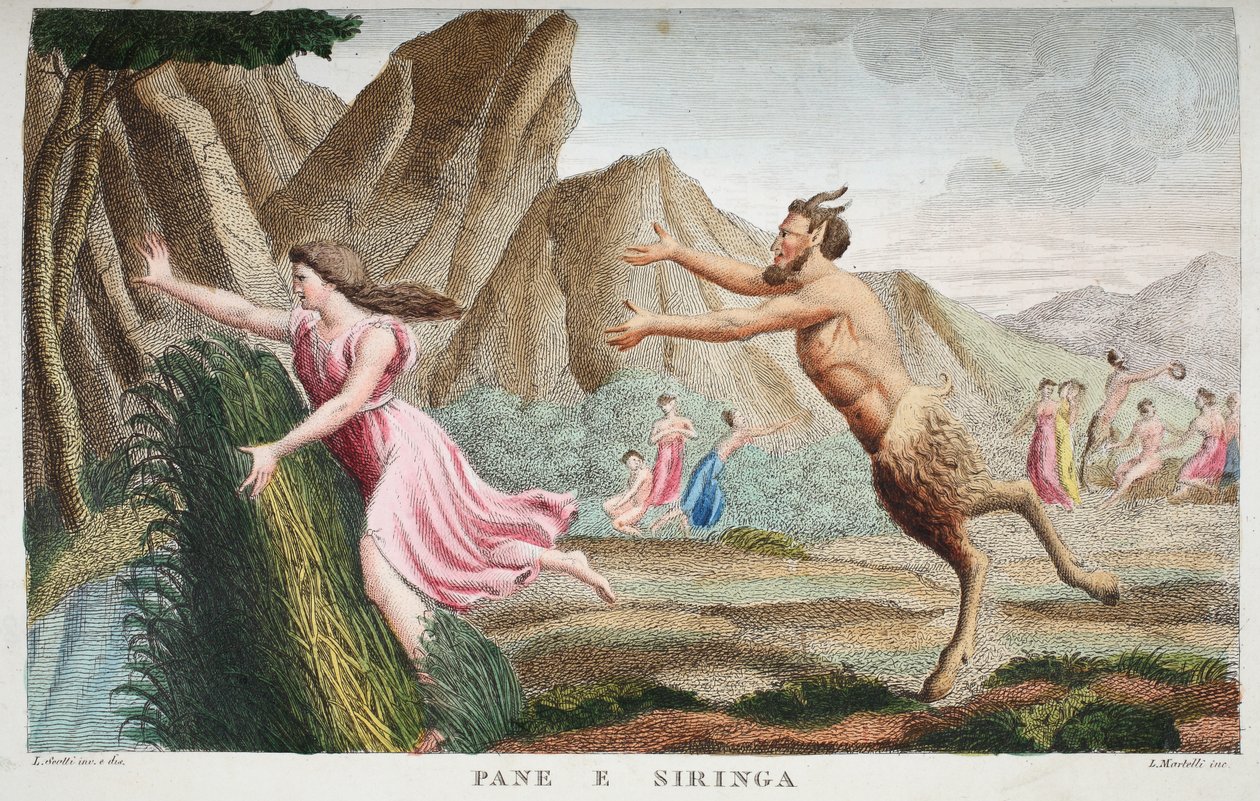 Bir Kamış veya Pane e Siringa'ya Syrinx, Kitap I, Ovid'in Metamorfozlarından bir çizim, Floransa, 1832 (el renkli gravür) by Luigi Ademollo