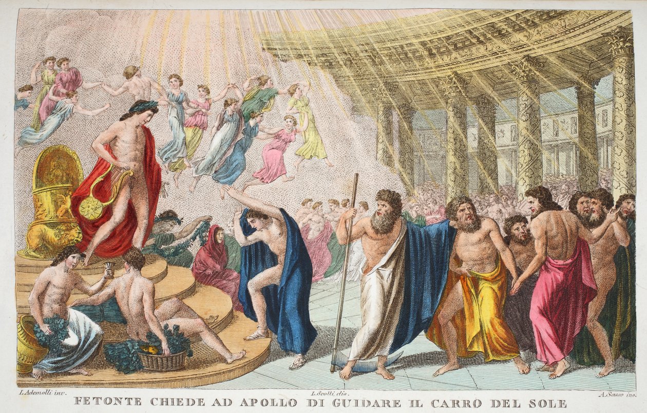 Güneş Sarayı veya Phaeton, Apollon'dan Güneşin Arabasını Sürmesini İstiyor, Kitap II, Ovid'in Metamorfozlarından bir çizim, Floransa, 1832 (el renkli gravür) by Luigi Ademollo