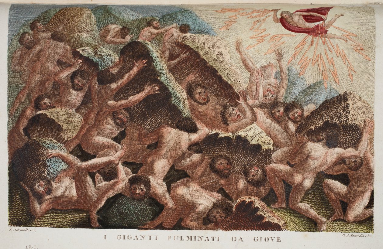 ಜೋವ್ ವಿರುದ್ಧ ಜೈಂಟ್ಸ್ ಯುದ್ಧ ಅಥವಾ I ಗಿಗಾಂಟಿ ಫುಲ್ಮಿನಾಟಿ ಡಾ ಜಿಯೋವ್, ಪುಸ್ತಕ I, ಓವಿಡ್‌ನ ಮೆಟಾಮಾರ್ಫೋಸಸ್‌ನಿಂದ ವಿವರಣೆ, ಫ್ಲಾರೆನ್ಸ್, 1832 (ಕೈ-ಬಣ್ಣದ ಕೆತ್ತನೆ) ಟರ್ಕ್ by Luigi Ademollo