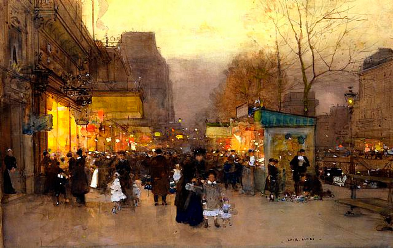 Porte St Martin Noel Zamanında, Paris, 1890 dolayları (panelde tempera) by Luigi Loir