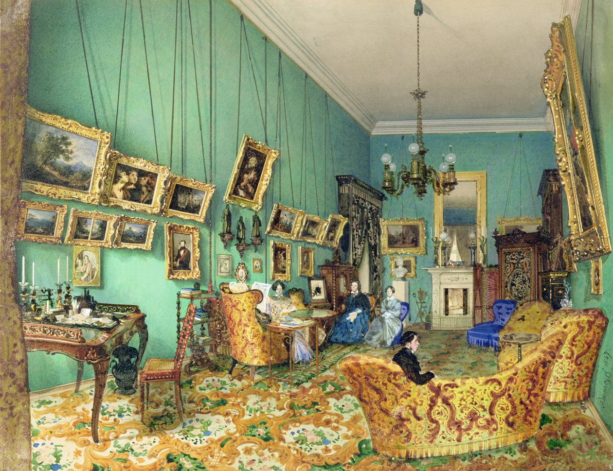 Bir oturma odasının içi, 1847 (kağıt üzerinde suluboya ve beyaz renk) by Luigi Premazzi