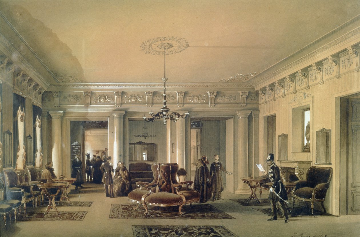 The Waiting Room of the Stagecoach Station in St. Petersburg, 1848 (wc und gouache on paper) by Luigi Premazzi