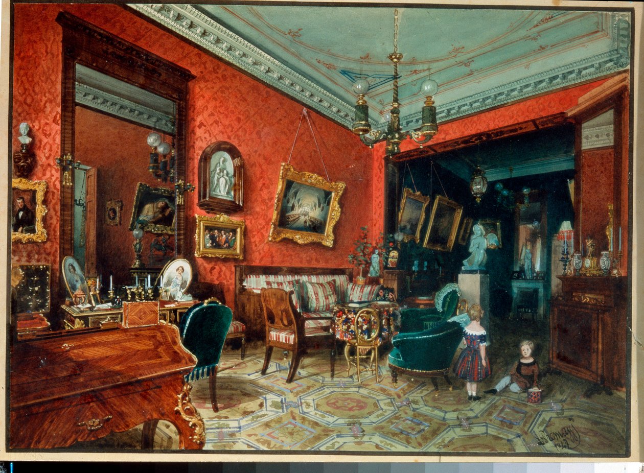 ""Oturma odası"" (Salle de sejour) Oturma odasında oynayan iki çocuk - Suluboya, Luigi Premazzi (1814-1891), yaklaşık 1840 Özel koleksiyon by Luigi Premazzi