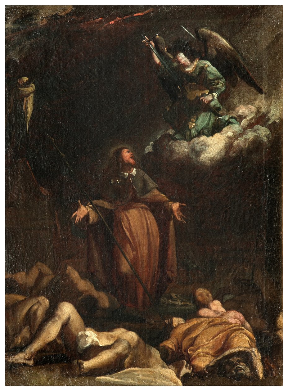 Kuzey Transept, San Rocco Altar 1635, 45, Genovesino 1645, San Rocco vebanın sona ermesini sağlar, Sol alt kısım boyalı by Luigi Miradori