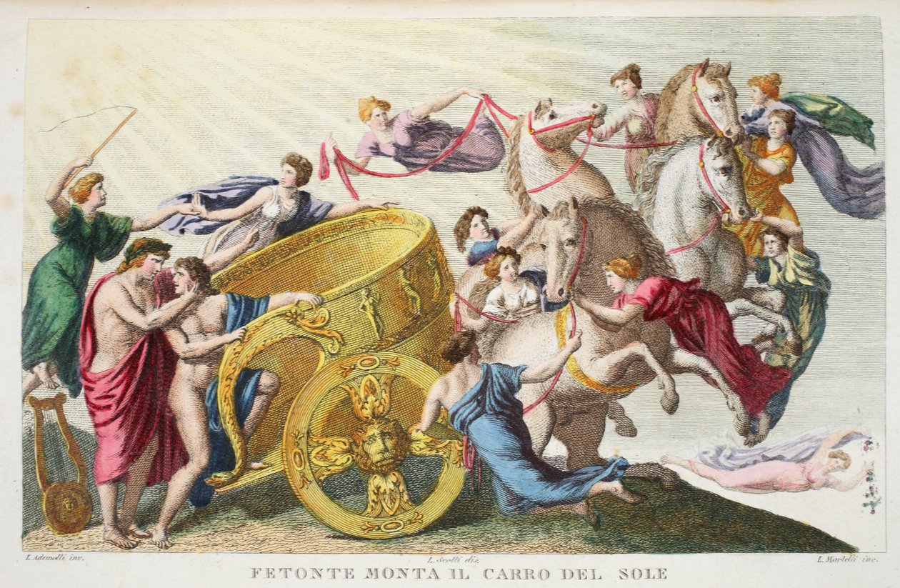 Phaeton, Güneşin Arabasını Kullanıyor veya Fetonte Monta il Carro del Sole, II. Kitap, Ovid'in Metamorfozlarından bir çizim, Floransa, 1832 (el renkli gravür) by Luigi Ademollo