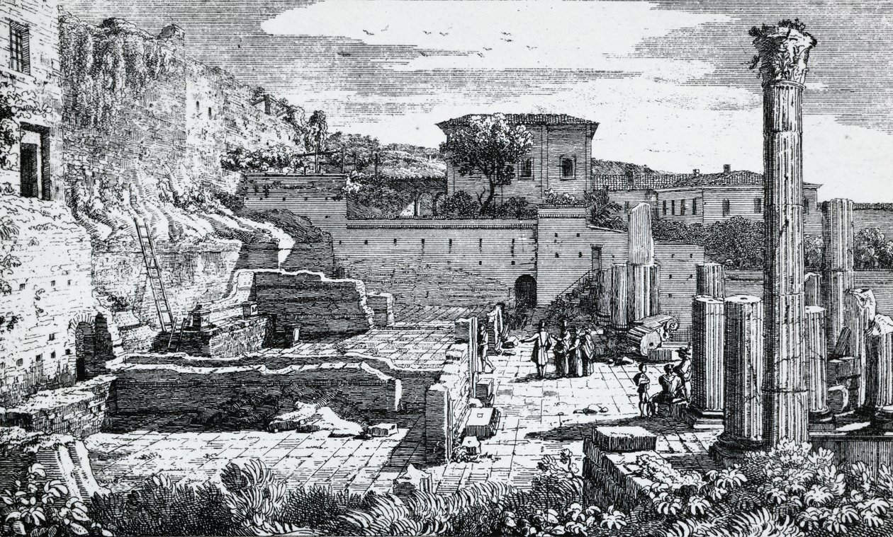 Brescia'daki Vespasian Tapınağı Harabeleri, Louis Basiletti'nin (1780-1860) gravürü, İtalya by Luigi Basiletti
