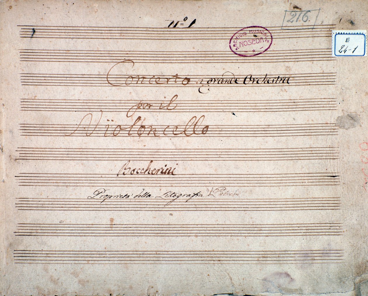 Luigi Boccherini tarafından E bemol viyolonsel ve orkestra için Konçerto puanının yazarı tarafından imzalanan ilk sayfa by Luigi Boccherini
