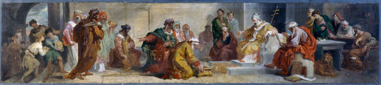 Luigi Fontana (1827-1908) tarafından Doğu'dan şahsiyetler alan Papa Damasus, Roma, İtalya'daki Damaso'daki San Lorenzo bazilikasındaki freskler için hazırlık taslağı by Luigi Fontana