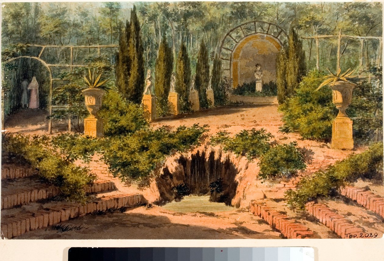 Cenova yakınlarındaki Doria a Pegli villasının bahçesinden bir görünüm (Suluboya, yaklaşık 1825) by Luigi Garibbo