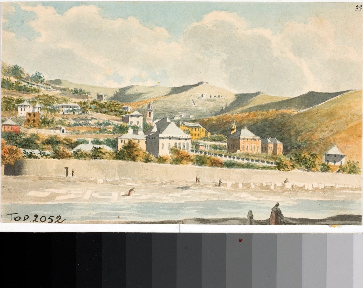 Cenova yakınlarındaki Santa margherita kilisesinin çan kulesi ile Marassi tepesinin manzarası (Suluboya, yaklaşık 1825) by Luigi Garibbo