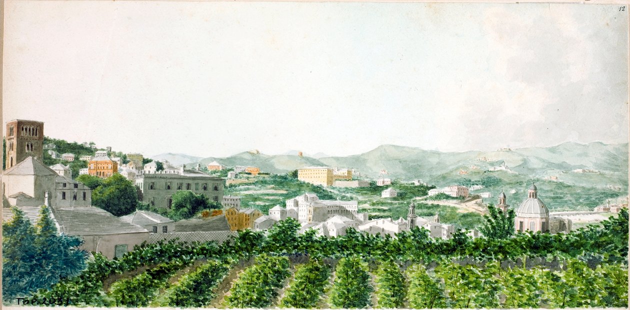 Santo Stefano çan kulesi ile Cenova şehri manzarası (Suluboya, yaklaşık 1825) by Luigi Garibbo