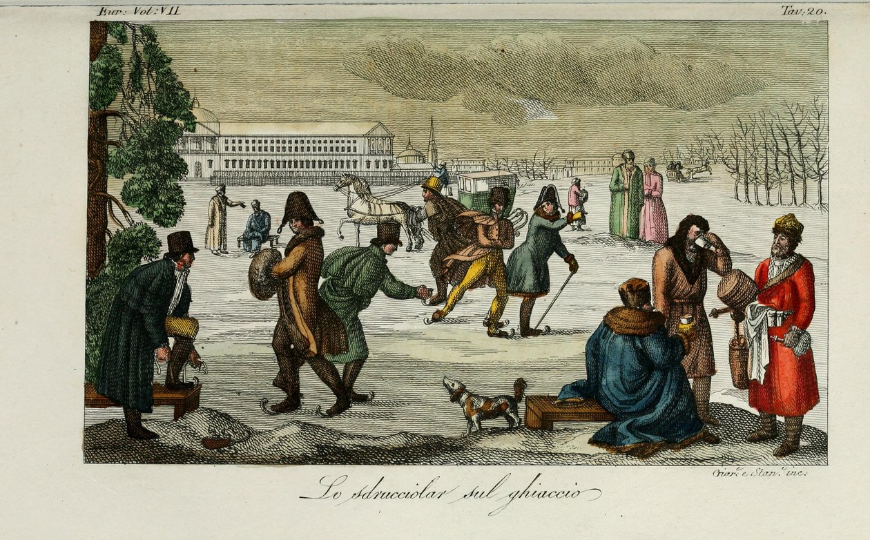 Buz pateni pisti. Giulio Ferrario, 1831, Eski ve Modern Gümrük veya Hükümet Tarihinden İllüstrasyon by Luigi Giarrè