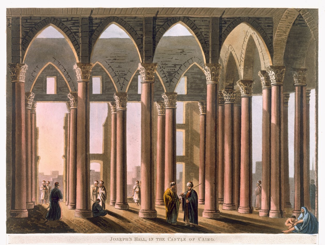Kahire Kalesi'ndeki Joseph's Hall, Thomas Milton (1743-1827) pub tarafından oyulmuş 'Mısır'daki Manzaralar'dan 31. levha. Robert Bowyer (1758-1834) 1802 (aquatint) tarafından by Luigi Mayer