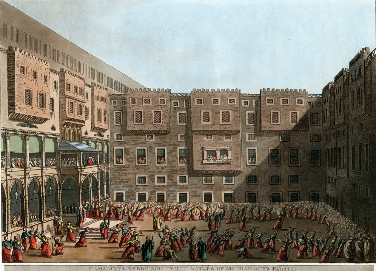 ""Mourad Bey sarayının avlusunda Memlükler eğitimi, Tunus"" (Murad Bey Sarayı meydanında egzersiz yapan Memlükler) Luigi Mayer (1755-1803) - 1802 Dim 22.9x31.6 cm Özel Koleksiyon by Luigi Mayer