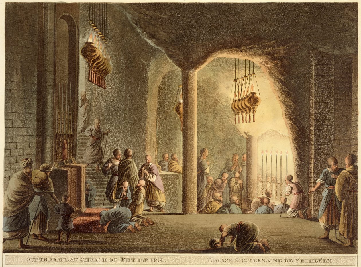 Yeraltı Bethlehem Kilisesi, 'Filistin Görünümleri'nden, Cilt II, R. Bowyer Tarihi Galerisi tarafından yayınlandı, Londra, 1803 (renkli aquatint) by Luigi Mayer