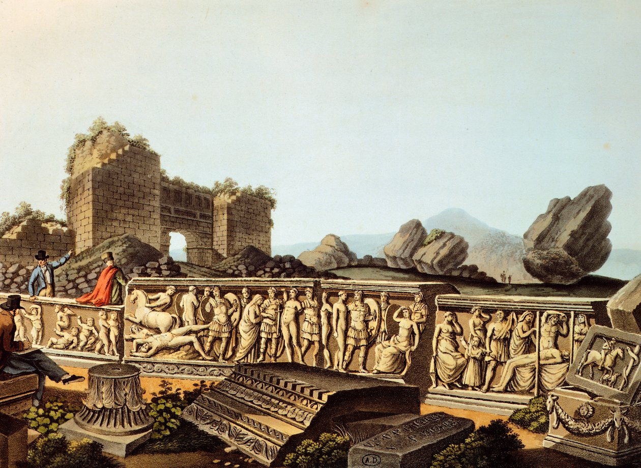 Türkiye, Efes, Luigi Mayer tarafından mermer kabartmaları inceleyen Avrupalı ziyaretçiler, Gravür by Luigi Mayer