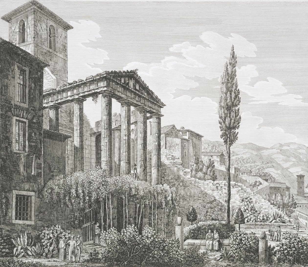 Cora'daki Herkül Tapınağı, 1824-26'da yayınlanan 'Roma Konturlarının Eski Eserleri'nden (ayrıca bkz. 205038) by Luigi Rossini