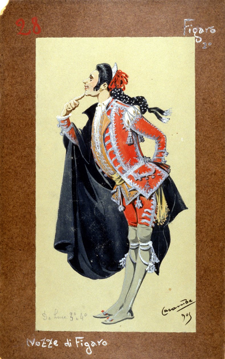 Figaro karakterinin temsili, 1786'da Wolfgang Amadeus Mozart tarafından "Figaro'nun Düğünü". Kostüm Luigi Sapelli Caramba (1865-1936) by Luigi Sapelli Caramba