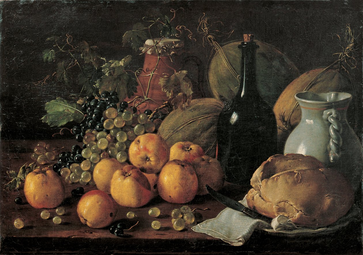Elma, Üzüm, Kavun, Ekmek, Sürahi ve Şişe ile Natürmort by Luis Menendez or Melendez