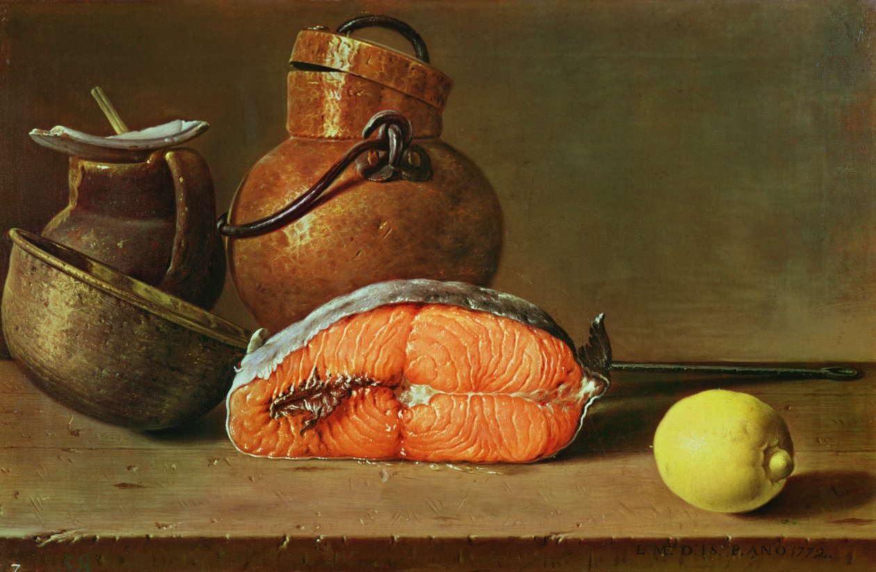 Bir Parça Somon, Bir Limon ve Mutfak Gereçleri ile Natürmort by Luis Egidio Melendez