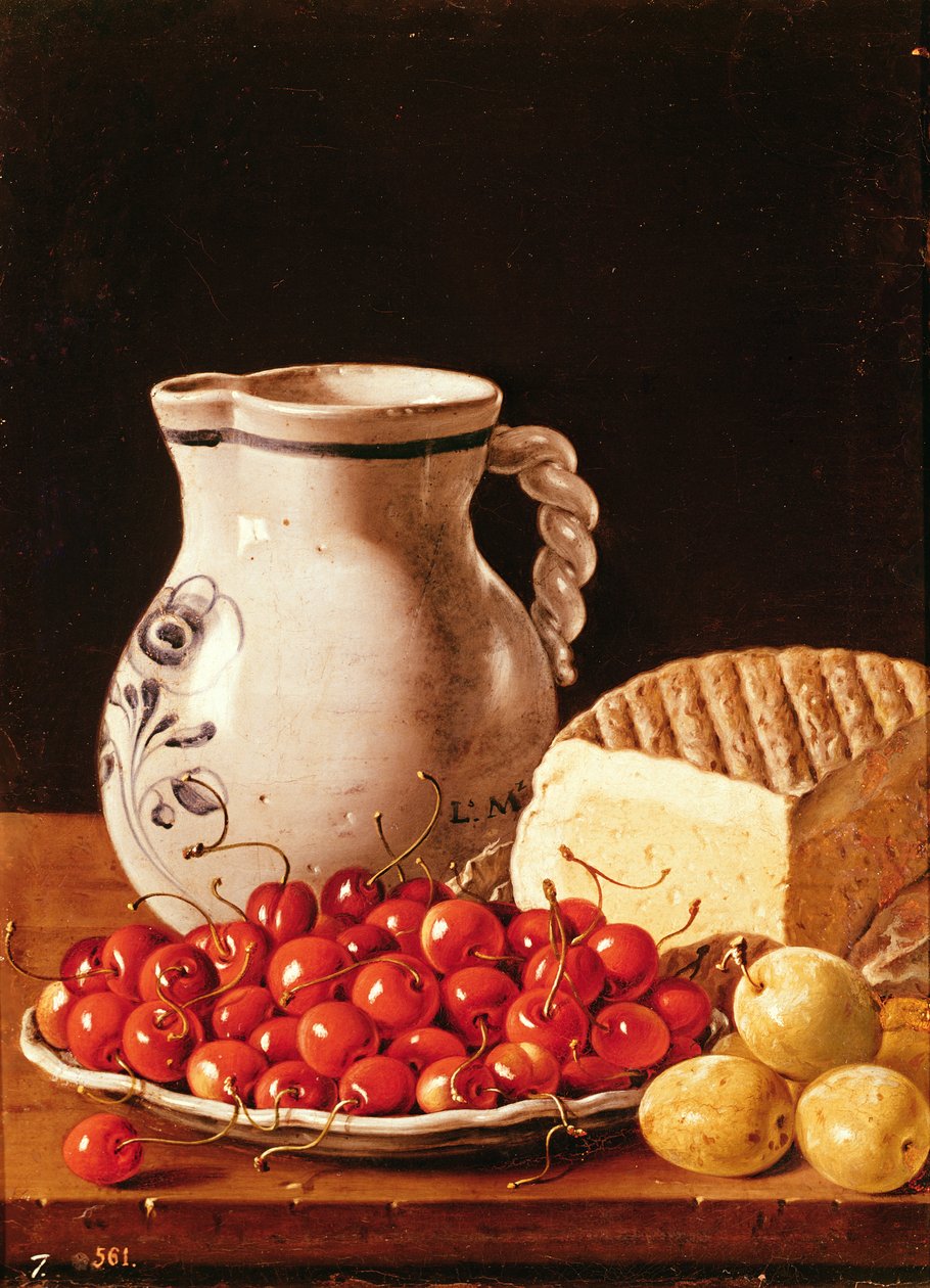 Kiraz, peynir ve greengages ile natürmort by Luis Egidio Melendez