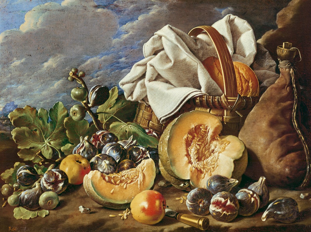 Still Life with figs, wicker basket, pumpkin, bread, wine skin and knife  by Luis Egidio Melendez