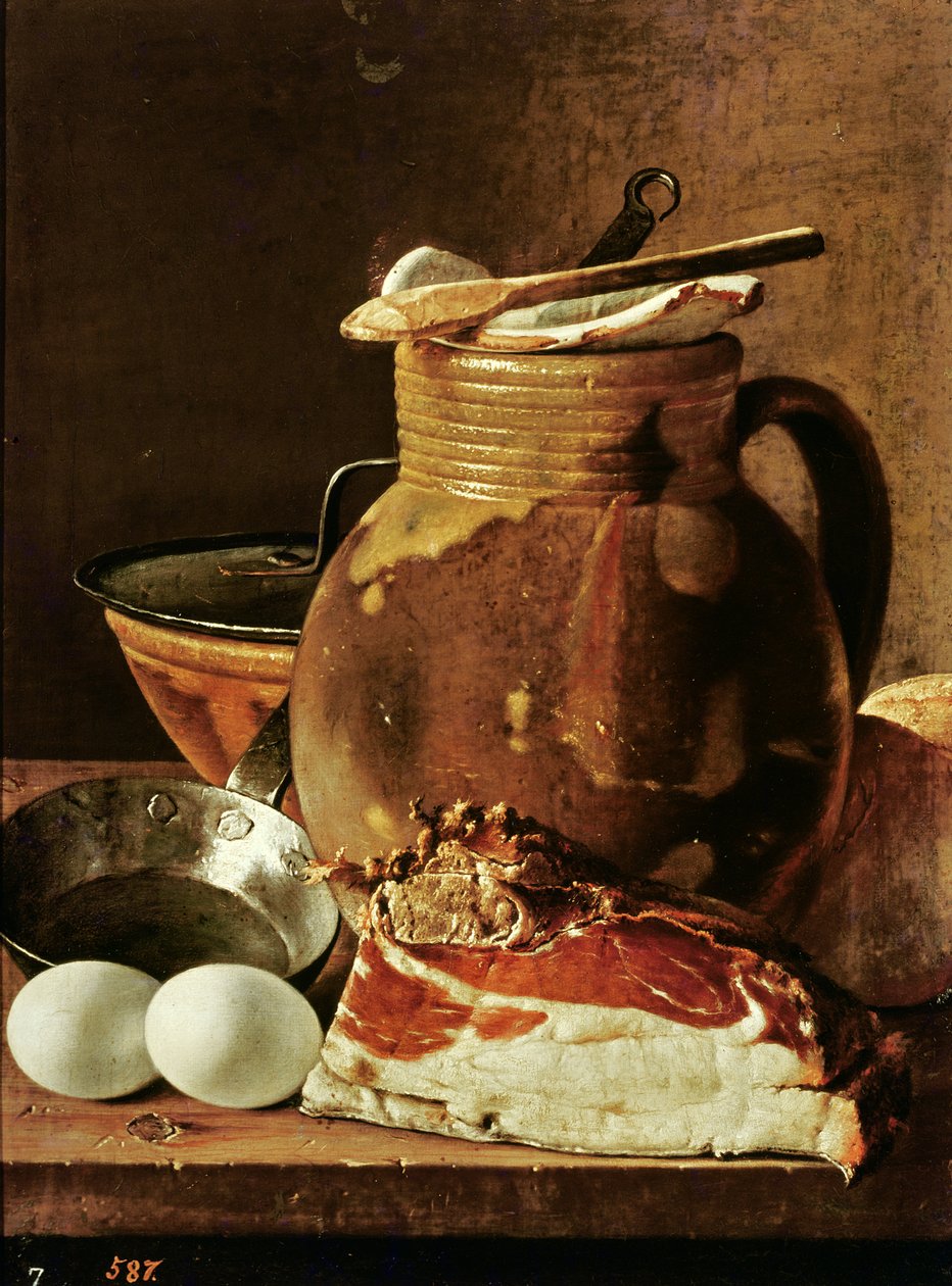 Jambon, yumurta, ekmek, kızartma tavası ve sürahi ile natürmort by Luis Egidio Melendez