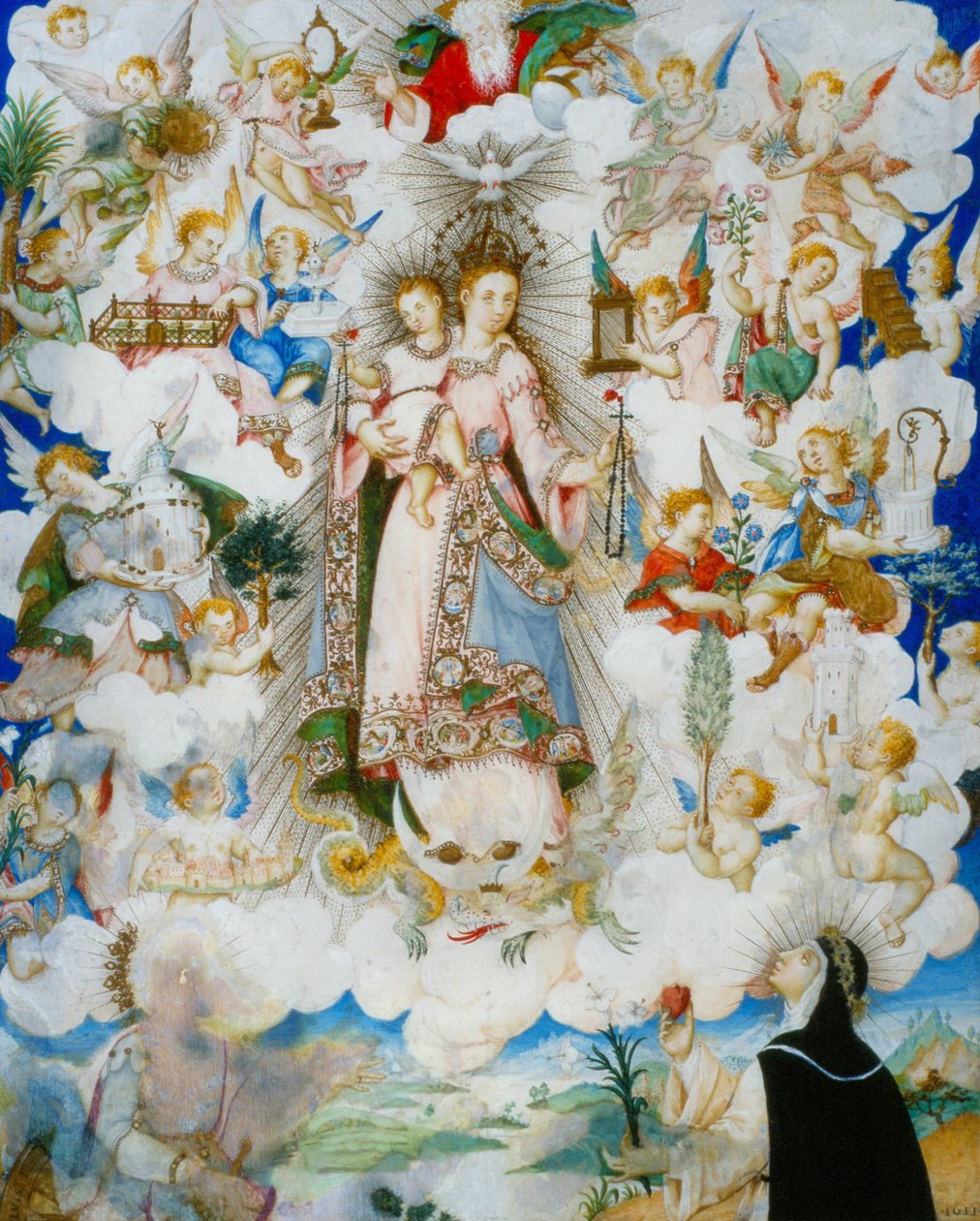 İskenderiyeli Aziz Catherine ve Sienalı Aziz Catherine ile Tesbih Bakiresi by Luis Lagarto