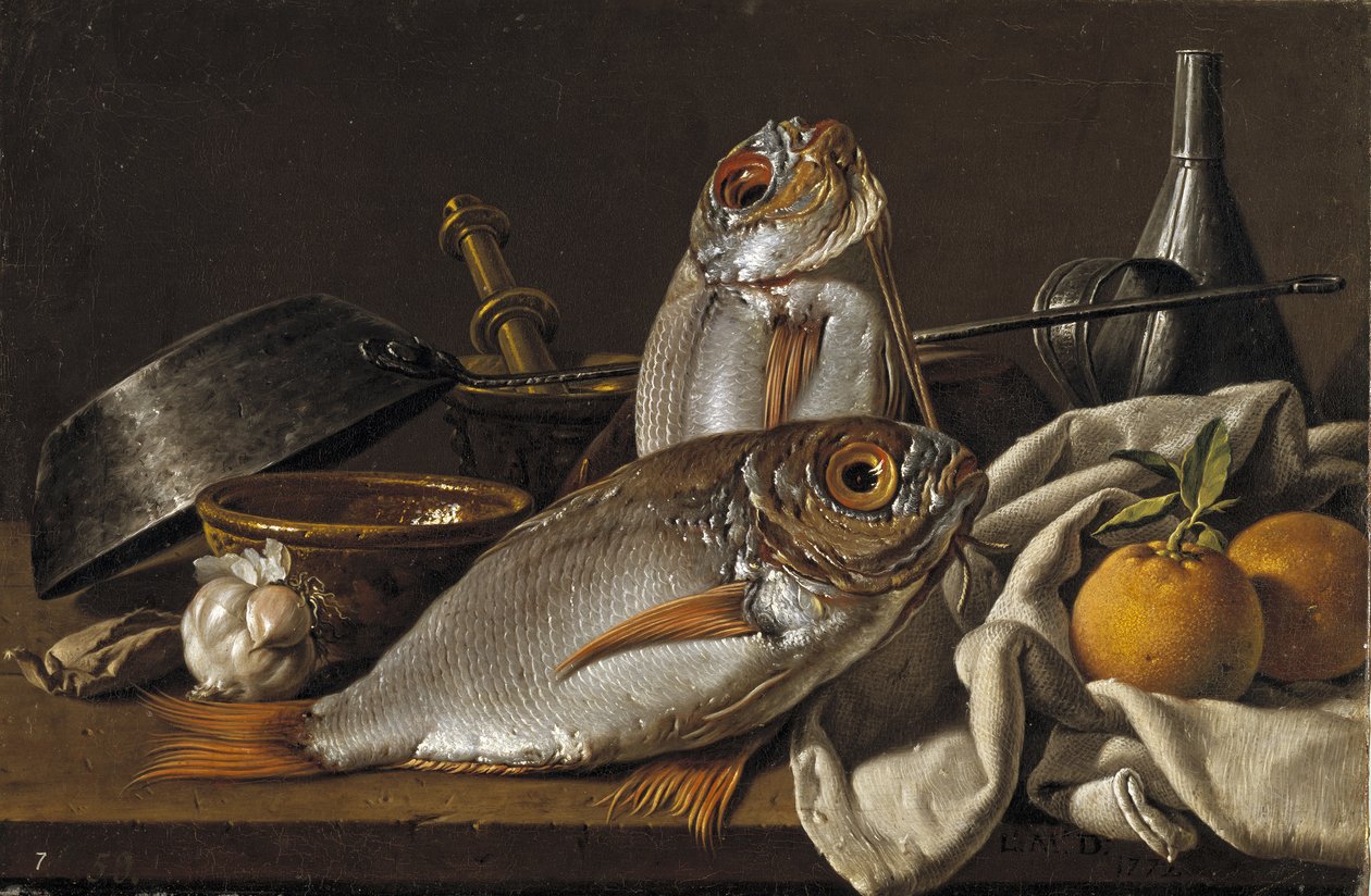 Çipura, Portakal, Sarımsak ve Mutfak Gereçleri ile Natürmort, 1772 by Luis Egidio Melendez