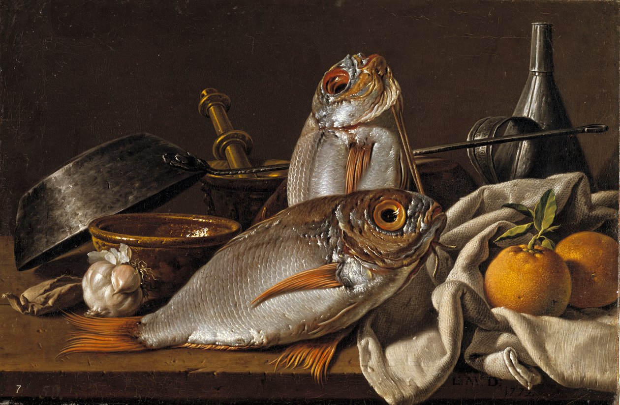 Çipura, Portakal, Sarımsak ve Mutfak Gereçleri ile Natürmort Melendez, Luis Egidio (1716-1780) by Luis Egidio Melendez