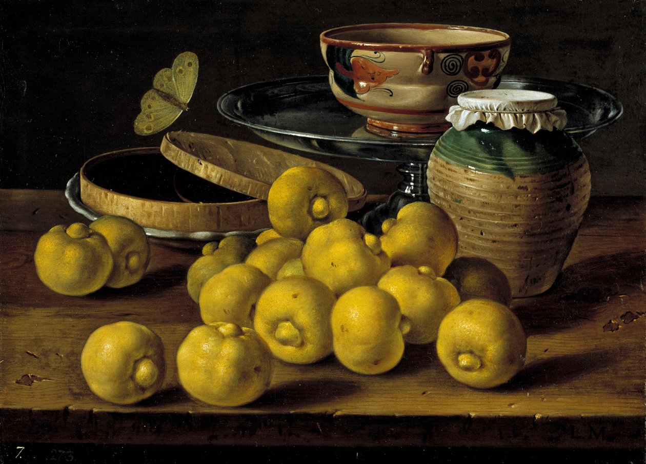 Limonlu natürmort, reçel kabı ve kelebek par Melendez, Luis Egidio (1716-1780), 18. Yüzyılın İkinci Yarısı. - Tuval üzerine yağlı boya, 35x48 - Museo del Prado, Madrid by Luis Egidio Melendez