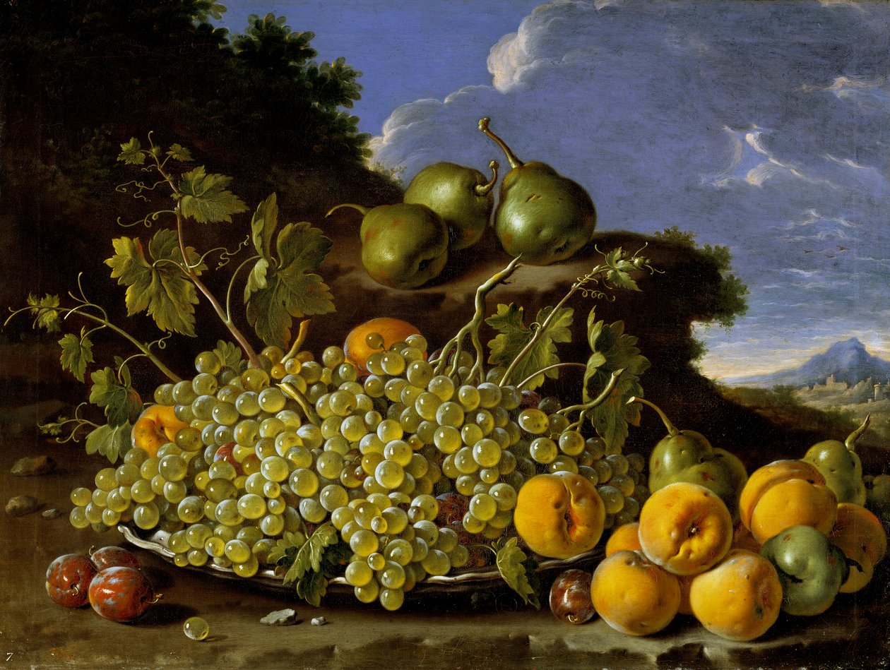 Bir manzarada üzüm, şeftali, armut ve erik tabağı ile natürmort, c.1771 by Luis Egidio Melendez