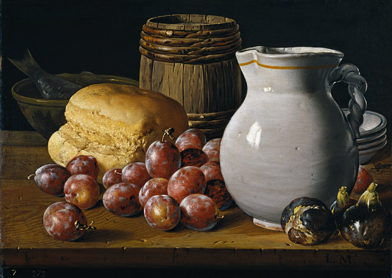 Erik, incir, ekmek ve sürahi ile natürmort Melendez, Luis Egidio (1716-1780), 18. Yüzyılın İkinci Yarısı. - Tuval üzerine yağlı boya, 35x48 - Museo del Prado, Madrid by Luis Egidio Melendez