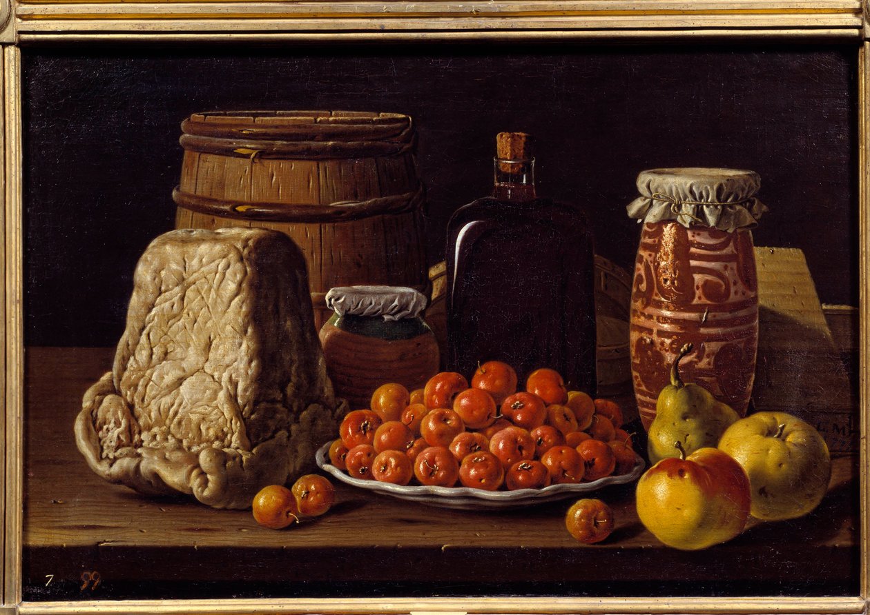 Peynir, meyve ve alıcı. Luis Melendez (1716 - 1780), İspanyol okulu tarafından yapılan boyama by Luis Egidio Menendez or Melendez