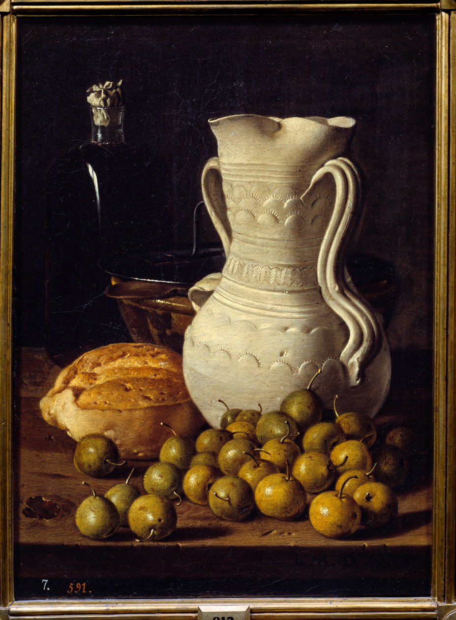Sürahi, ekmek ve küçük armut. Luis Melendez tarafından boyama by Luis Egidio Menendez or Melendez