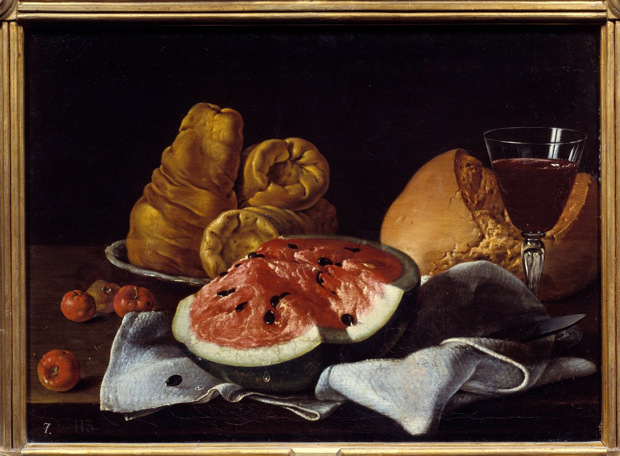 Pasteque, ekmek, kek ve şarap bardağı. Luis Melendez (1716 - 1780), İspanyol okulu tarafından yapılan boyama by Luis Egidio Menendez or Melendez