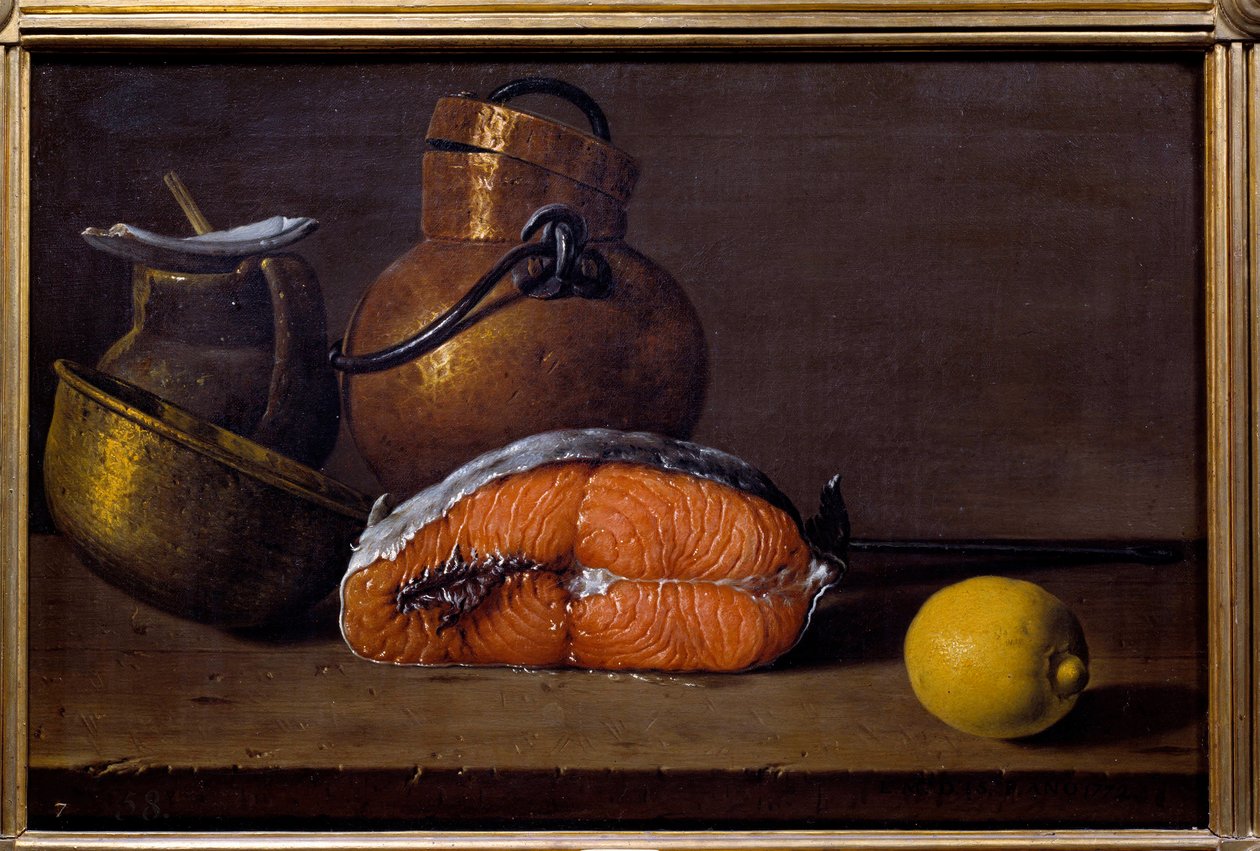 Dilim somon, limon ve mutfak eşyaları. Luis Melendez (1716 - 1780), İspanyol okulu tarafından yapılan boyama by Luis Egidio Menendez or Melendez