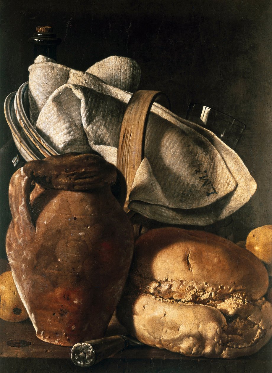 Natürmort çay havlusu, sürahi ve ekmek by Luis Egidio Menendez or Melendez
