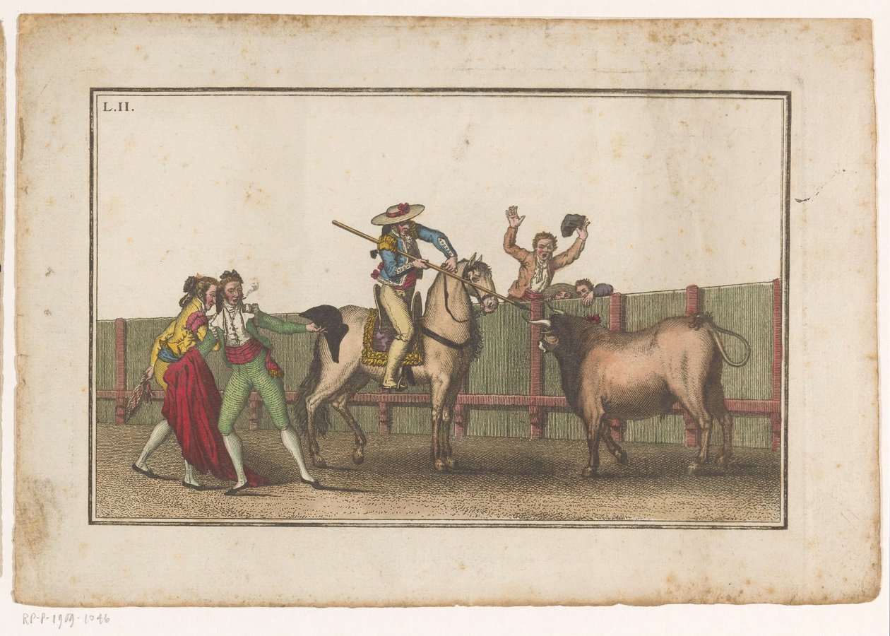 Picador mızrağını bir boğaya doğrultuyor Coleccion de las Principales suertes de una corrida de toros (seri başlığı) En önemli boğa güreşi manevralarının toplanması (seri başlığı) by Luis Fernandez Noseret