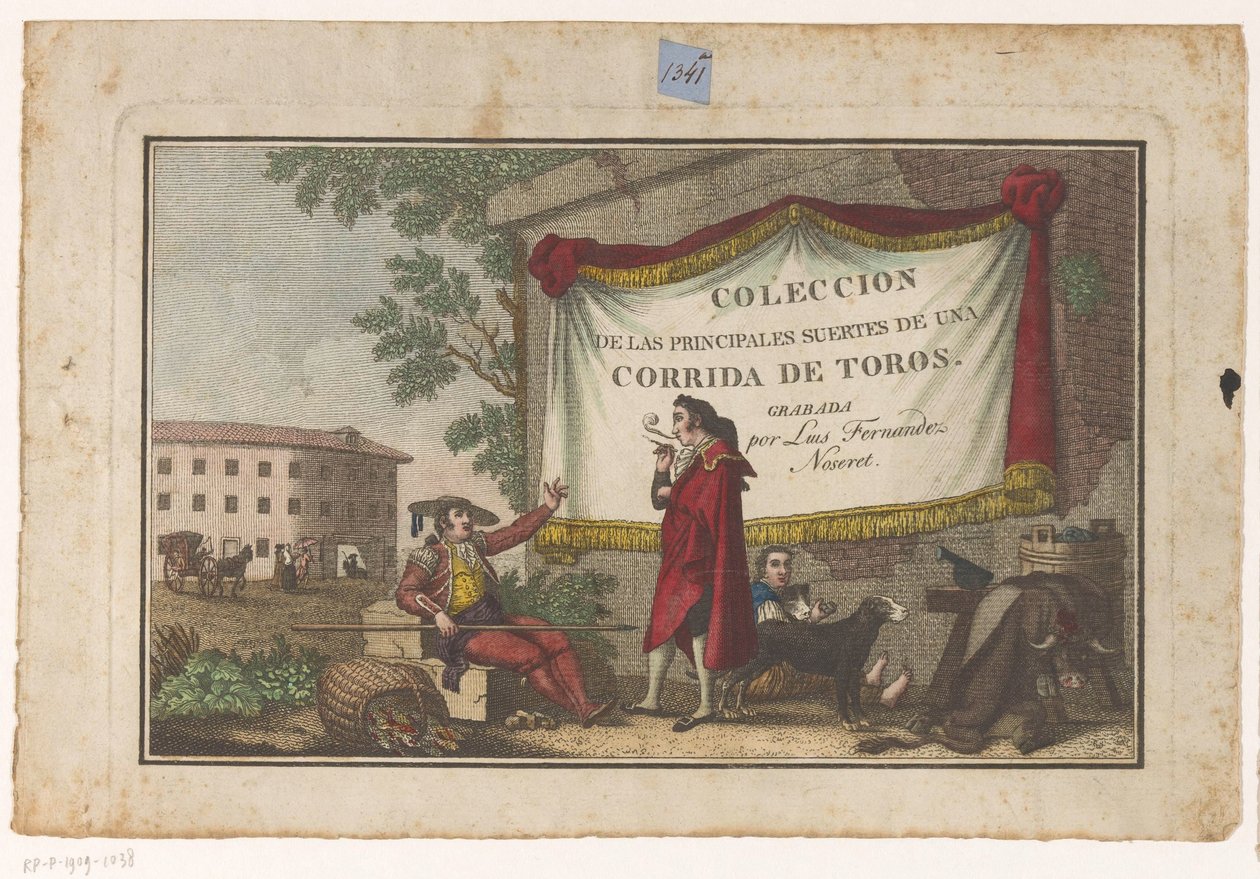 Boğa güreşçileri ve boğa derisi ile başlık baskısı Coleccion de las Principales suertes de una corrida de toros (nesne üzerinde seri başlığı) En önemli boğa güreşi manevralarının toplanması (seri başlığı) by Luis Fernandez Noseret