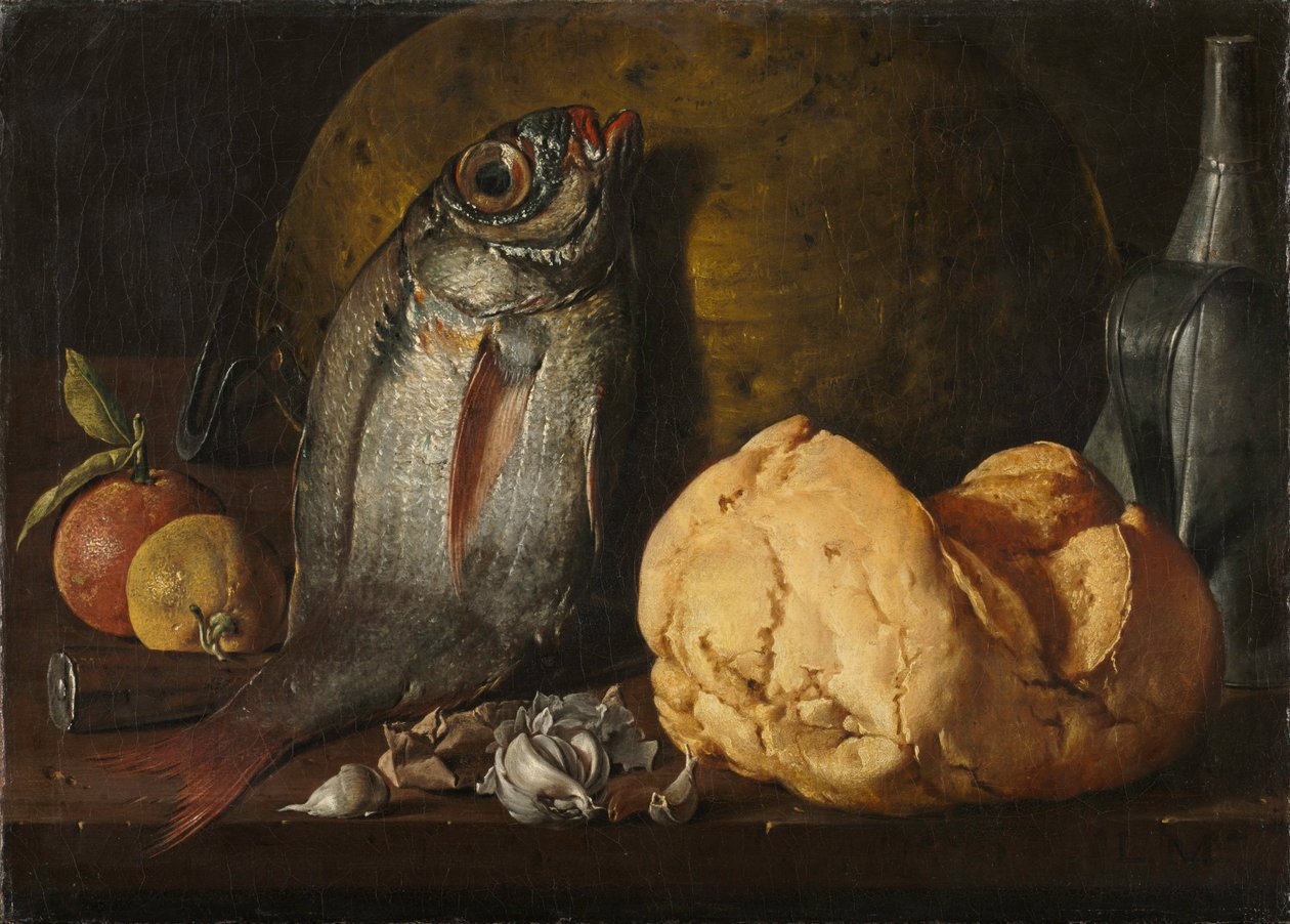 Balık, Ekmek ve Kettle ile Natürmort, c. 1772. by Luis Egidio Melendez