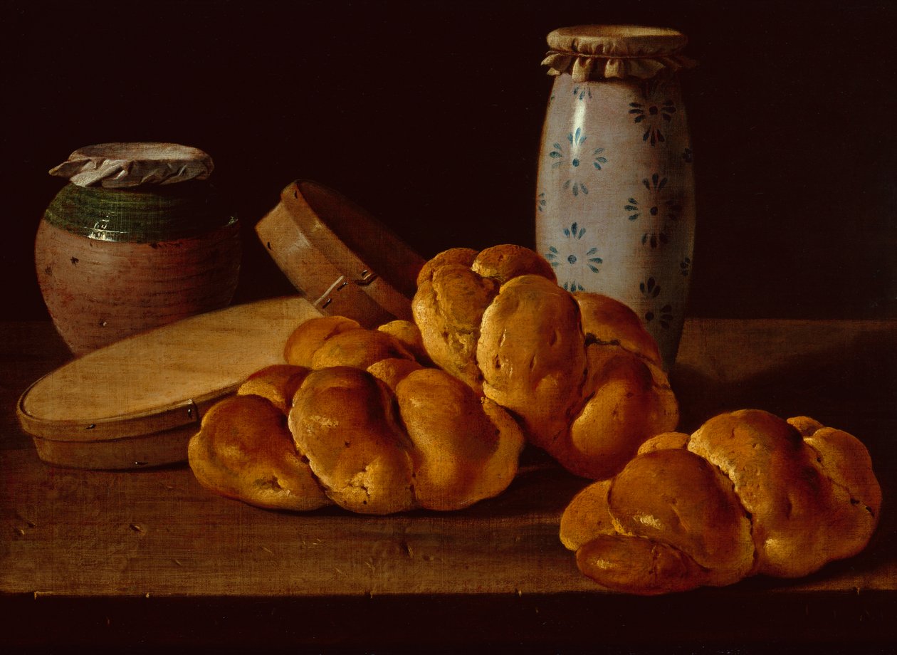 Ekmekli Bodegon, İki Tatlı Kutu, Bal Çömleği ve Seramik Kavanoz by Luis Menendez or Melendez