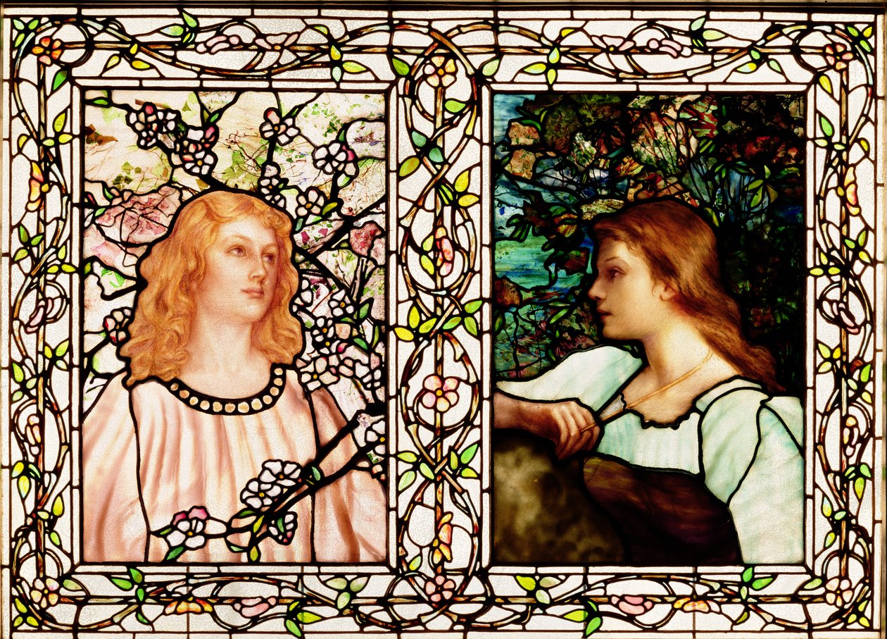 İlkbahar ve Sonbahar, Tiffany Glass & Manufacturing Co. tarafından üretilmiştir, yaklaşık 1892 (kurşunlu cam) by Lydia Field Emmett