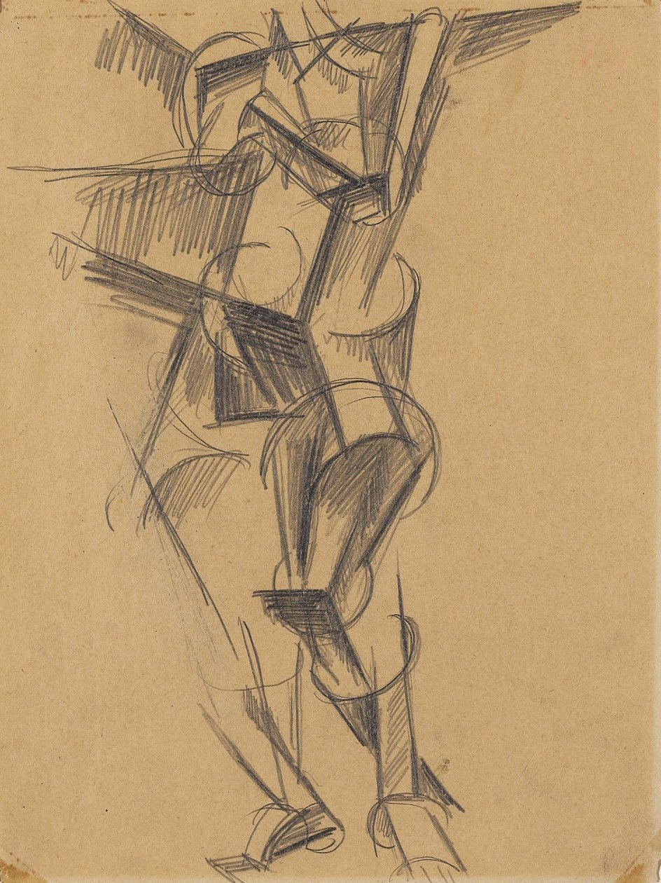 Kübist Adam (Duran Figür), 1915 (dokuma kağıt üzerine grafit) by Lyubov Sergeevna Popova