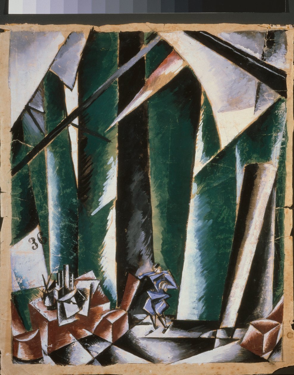 "Başbakan ve çilingir" oyunu için hazırlık dekoru. Lyubov (Lioubov) Sergeyevna Popova (1889-1924), guaj ve kağıt üzerine mürekkep çalışması by Lyubov Sergeevna Popova