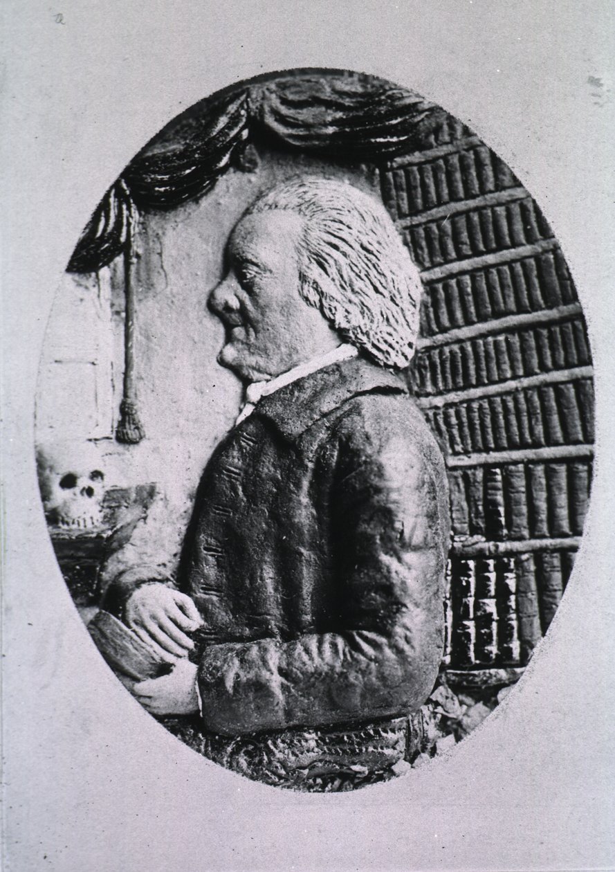 Kütüphane rafları ve kafatası gösteriliyor by M.D. Van Eokhout